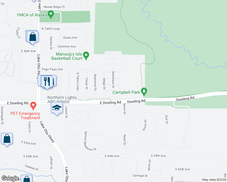 map of restaurants, bars, coffee shops, grocery stores, and more near Wind Chase Court in Anchorage