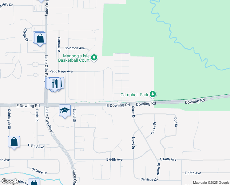 map of restaurants, bars, coffee shops, grocery stores, and more near 5916 Mego Street in Anchorage