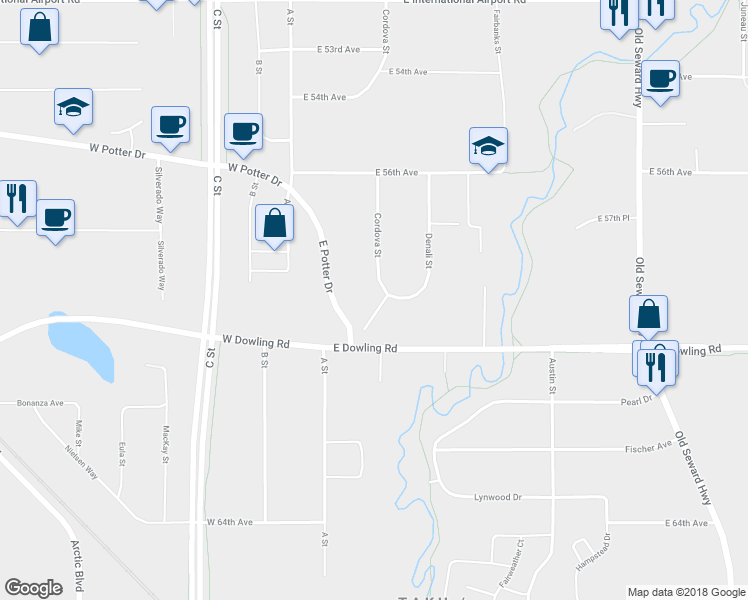 map of restaurants, bars, coffee shops, grocery stores, and more near 5942 Franklin Drive in Anchorage