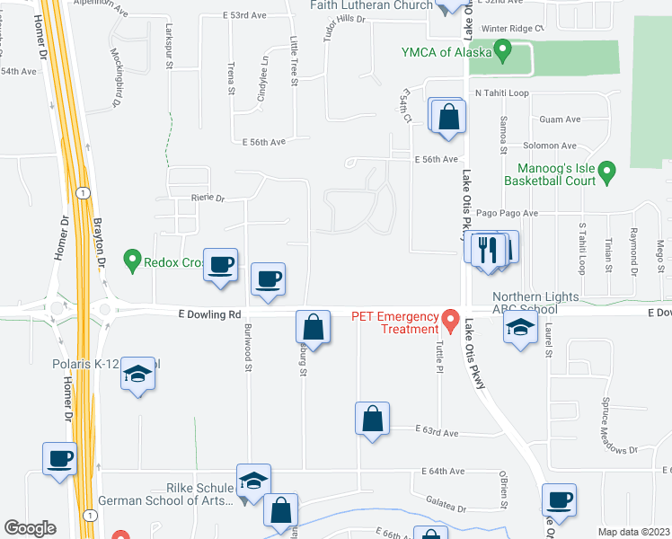 map of restaurants, bars, coffee shops, grocery stores, and more near 5915 Petersburg Street in Anchorage