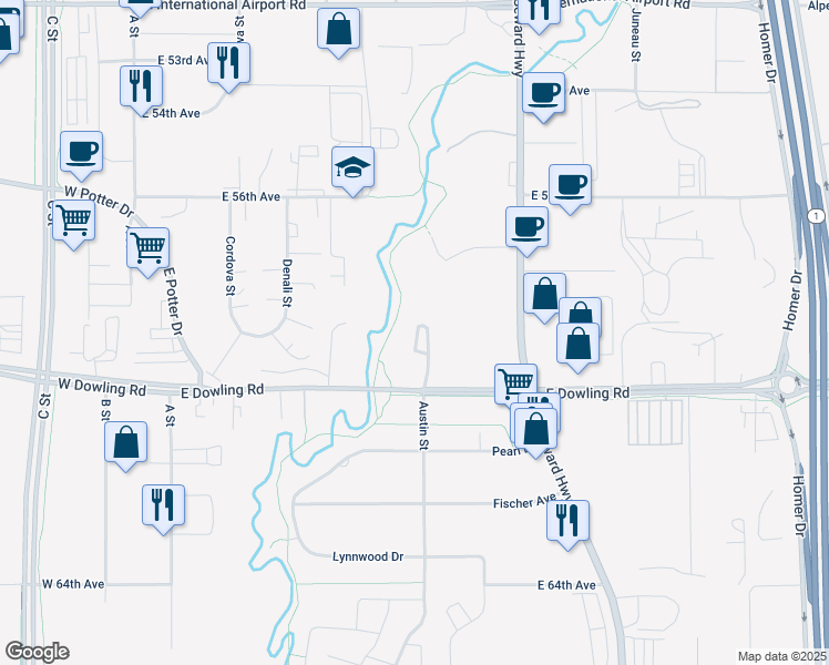 map of restaurants, bars, coffee shops, grocery stores, and more near 575 East Dowling Road in Anchorage