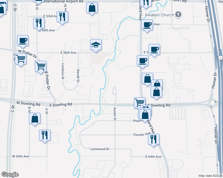 map of restaurants, bars, coffee shops, grocery stores, and more near 575 East Dowling Road in Anchorage