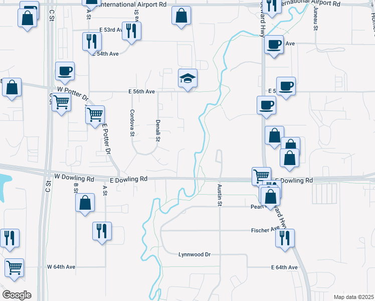 map of restaurants, bars, coffee shops, grocery stores, and more near 433 East Dowling Road in Anchorage