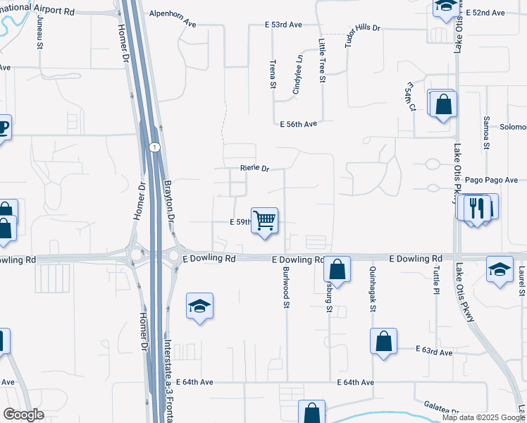 map of restaurants, bars, coffee shops, grocery stores, and more near 1725 East 58th Circle in Anchorage