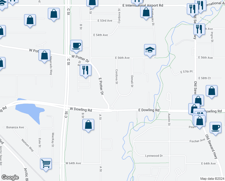 map of restaurants, bars, coffee shops, grocery stores, and more near 5740 Cordova Street in Anchorage