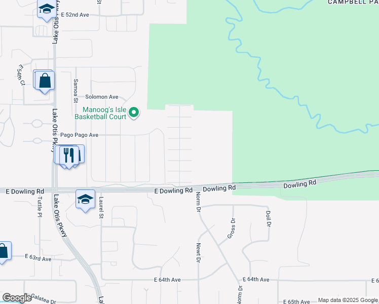 map of restaurants, bars, coffee shops, grocery stores, and more near 2956 Misty Springs Court in Anchorage