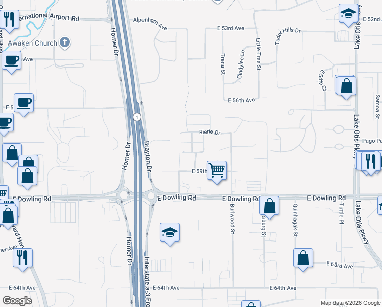 map of restaurants, bars, coffee shops, grocery stores, and more near 1636 Woodcutter Court in Anchorage