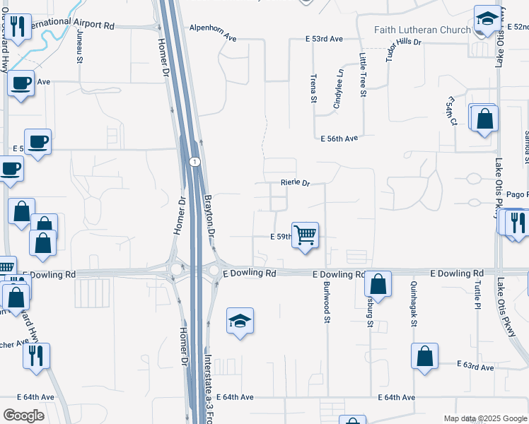 map of restaurants, bars, coffee shops, grocery stores, and more near 1604 Woodcutter Court in Anchorage