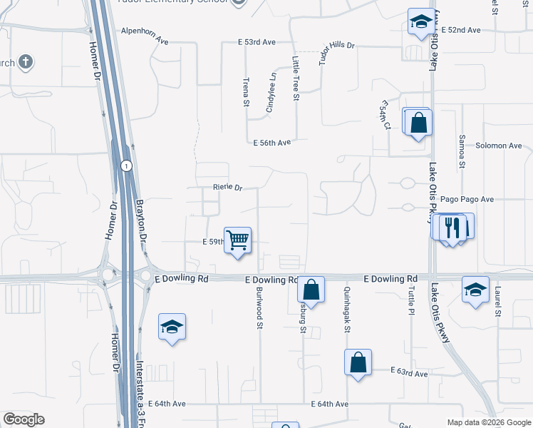 map of restaurants, bars, coffee shops, grocery stores, and more near 1715 East 58th Avenue in Anchorage