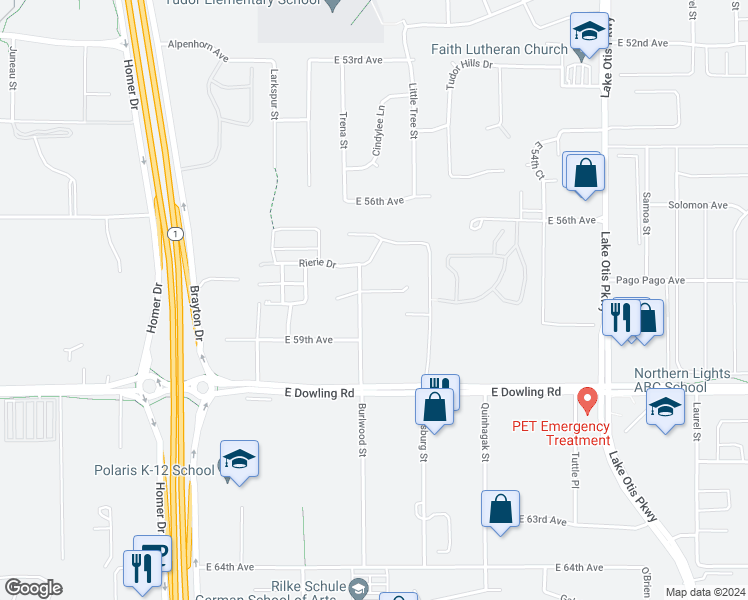 map of restaurants, bars, coffee shops, grocery stores, and more near 1715 East 58th Avenue in Anchorage