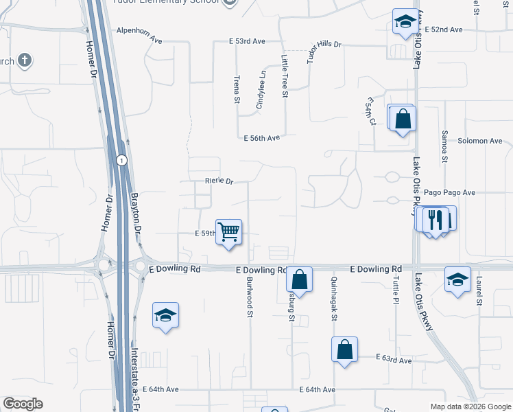 map of restaurants, bars, coffee shops, grocery stores, and more near 1715 East 58th Avenue in Anchorage