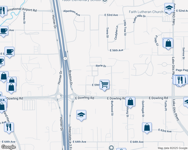 map of restaurants, bars, coffee shops, grocery stores, and more near 1636 Woodcutter Court in Anchorage