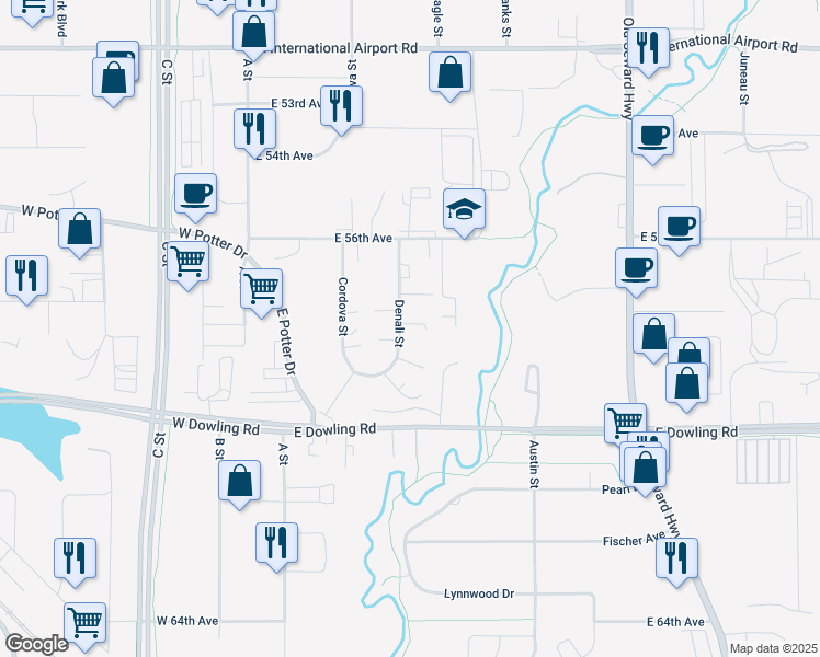 map of restaurants, bars, coffee shops, grocery stores, and more near 5741 Denali Street in Anchorage