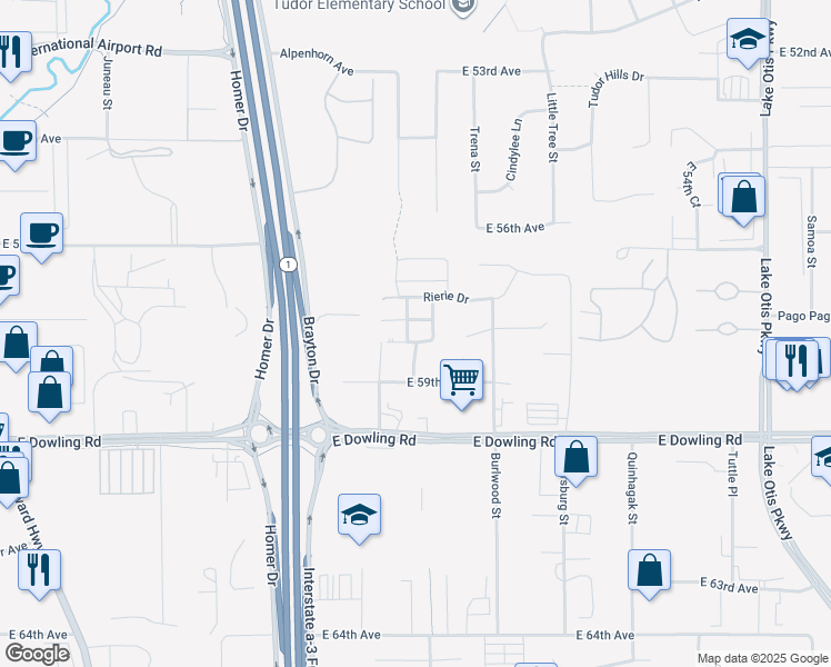 map of restaurants, bars, coffee shops, grocery stores, and more near 1636 Woodcutter Court in Anchorage