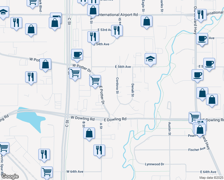 map of restaurants, bars, coffee shops, grocery stores, and more near 5740 Cordova Street in Anchorage
