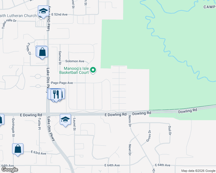 map of restaurants, bars, coffee shops, grocery stores, and more near 5760 Mego Street in Anchorage