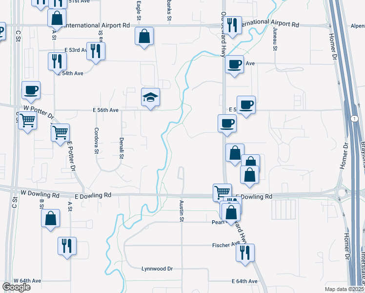 map of restaurants, bars, coffee shops, grocery stores, and more near 600 East 57th Place in Anchorage