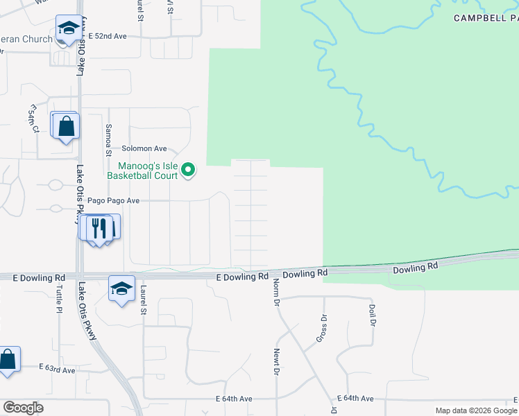 map of restaurants, bars, coffee shops, grocery stores, and more near 2956 Misty Springs Court in Anchorage