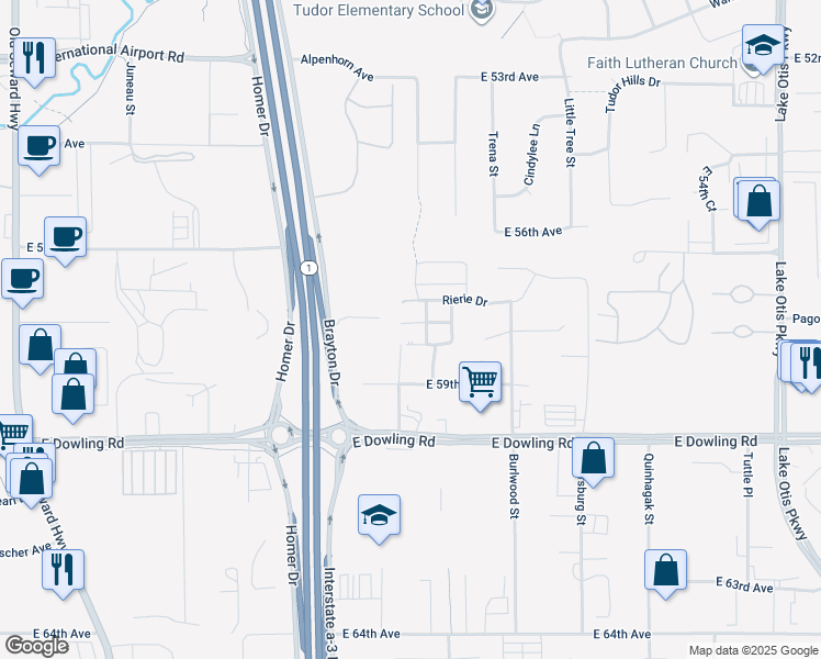 map of restaurants, bars, coffee shops, grocery stores, and more near 1604 Woodcutter Court in Anchorage
