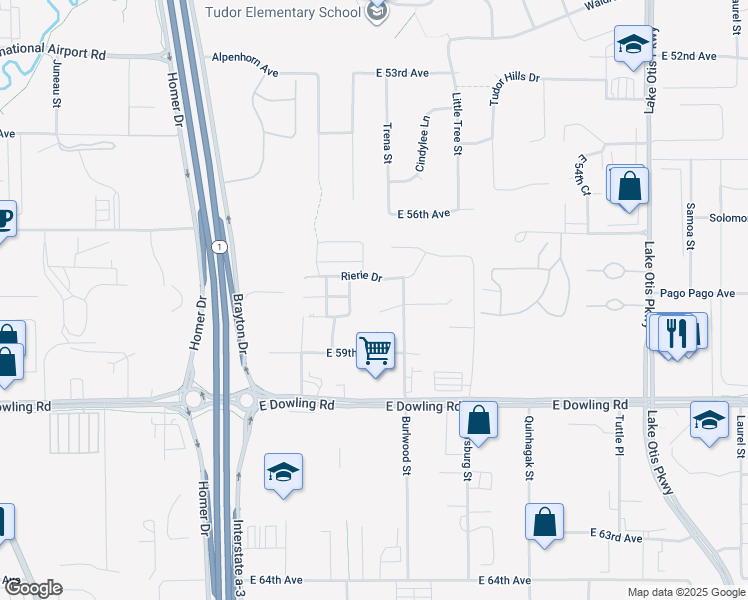 map of restaurants, bars, coffee shops, grocery stores, and more near 1725 E 58th Cir in Anchorage