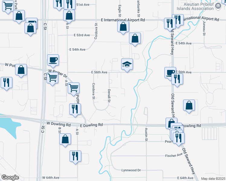 map of restaurants, bars, coffee shops, grocery stores, and more near 5709 Denali Street in Anchorage