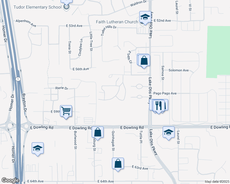 map of restaurants, bars, coffee shops, grocery stores, and more near 2130 East 56th Avenue in Anchorage