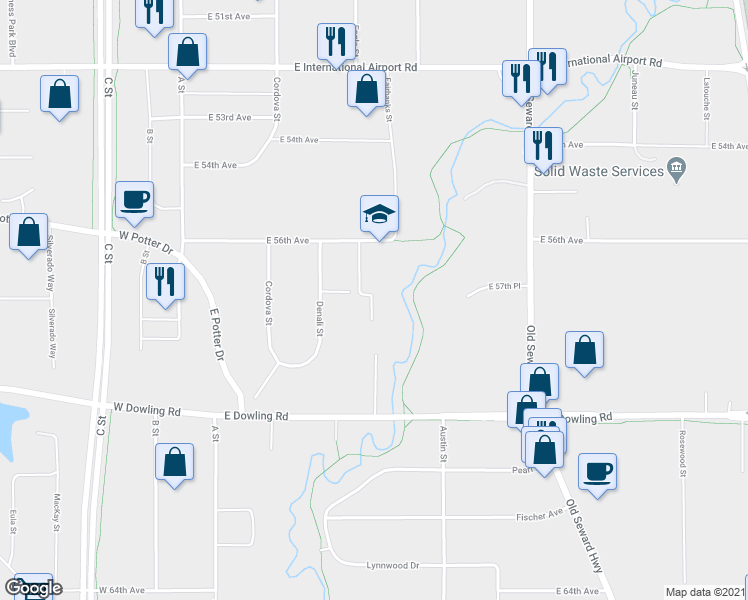 map of restaurants, bars, coffee shops, grocery stores, and more near 440 East 56th Avenue in Anchorage
