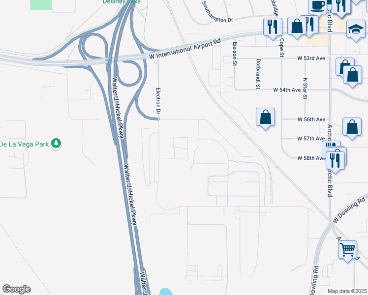 map of restaurants, bars, coffee shops, grocery stores, and more near 5601 Electron Drive in Anchorage