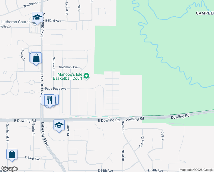 map of restaurants, bars, coffee shops, grocery stores, and more near 5760 Mego Street in Anchorage