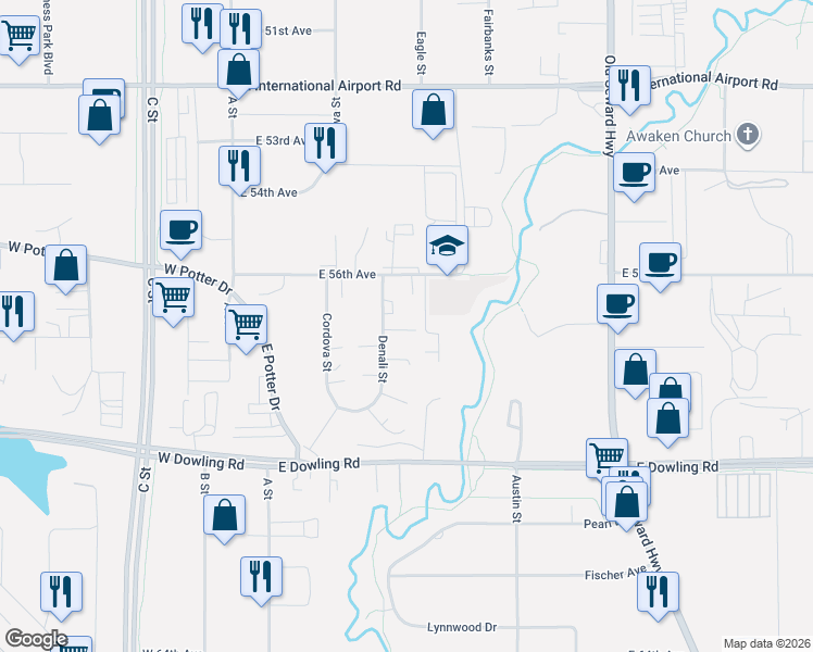 map of restaurants, bars, coffee shops, grocery stores, and more near 440 East 56th Avenue in Anchorage