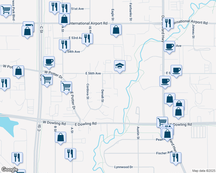 map of restaurants, bars, coffee shops, grocery stores, and more near 5741 Denali Street in Anchorage