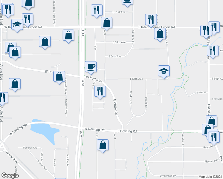 map of restaurants, bars, coffee shops, grocery stores, and more near 111 East 56th Avenue in Anchorage