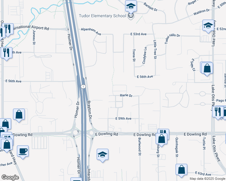 map of restaurants, bars, coffee shops, grocery stores, and more near 1625 Mountainman Loop in Anchorage