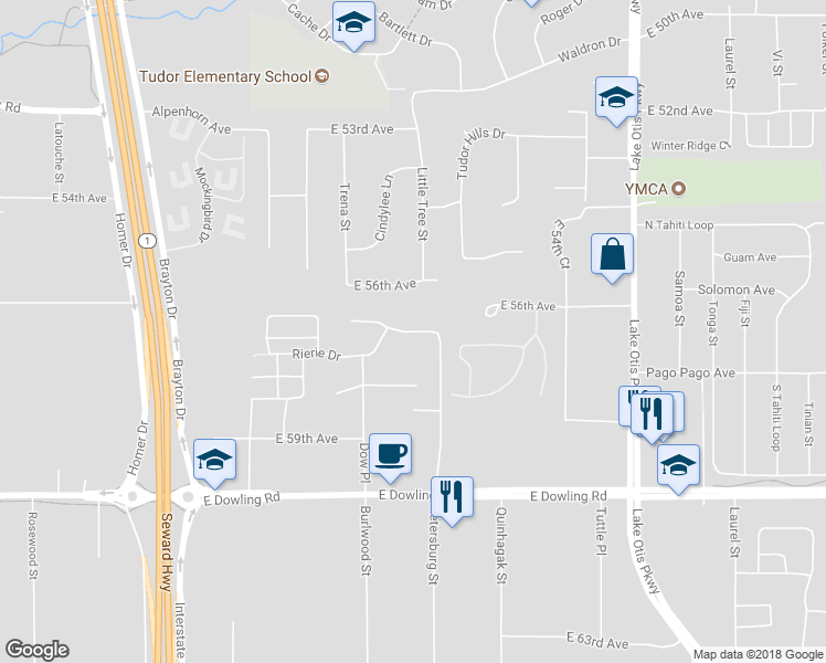 map of restaurants, bars, coffee shops, grocery stores, and more near 1837 East 57th Avenue in Anchorage