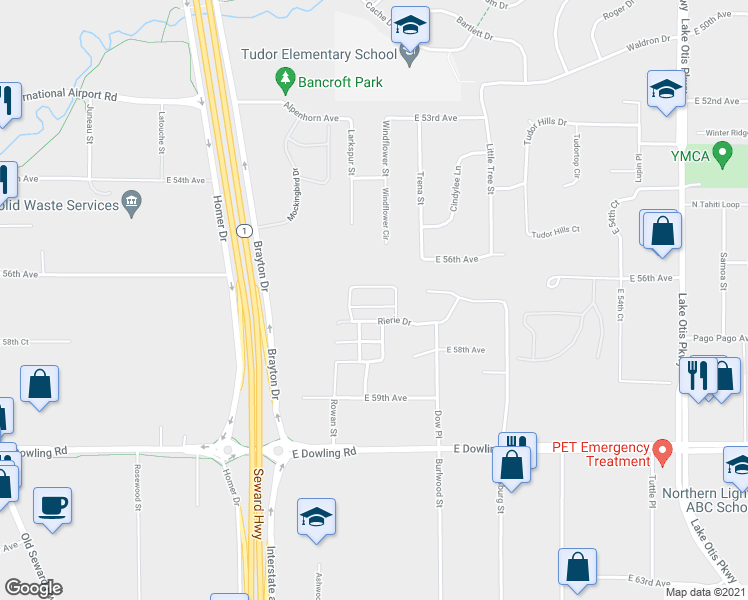 map of restaurants, bars, coffee shops, grocery stores, and more near 1643 Mountainman Loop in Anchorage