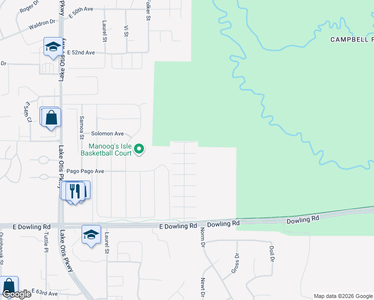 map of restaurants, bars, coffee shops, grocery stores, and more near 2962 Midnight Sun Court in Anchorage