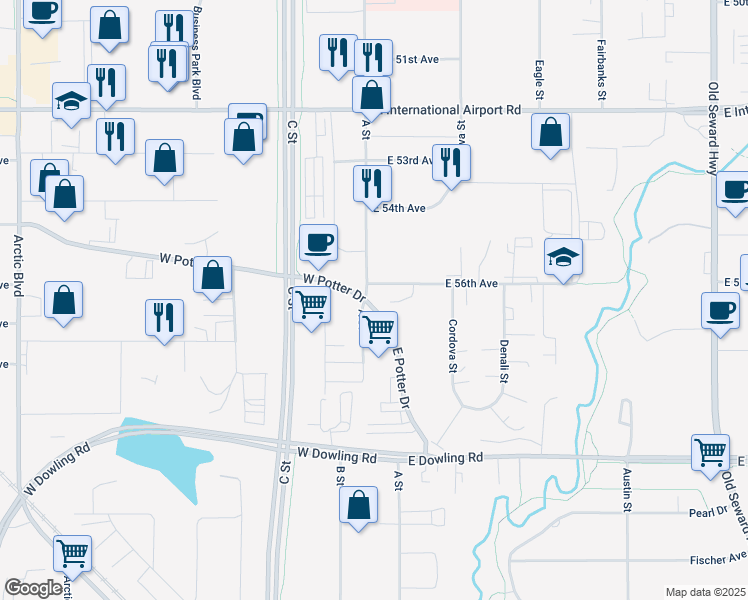 map of restaurants, bars, coffee shops, grocery stores, and more near 107 East Potter Drive in Anchorage