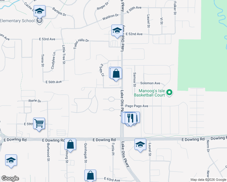 map of restaurants, bars, coffee shops, grocery stores, and more near 2306 East 56th Avenue in Anchorage