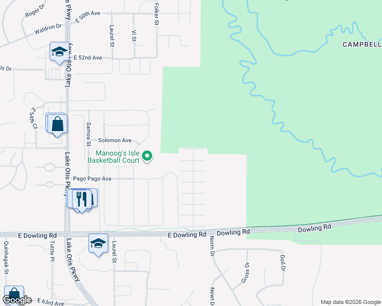 map of restaurants, bars, coffee shops, grocery stores, and more near 2962 Midnight Sun Court in Anchorage