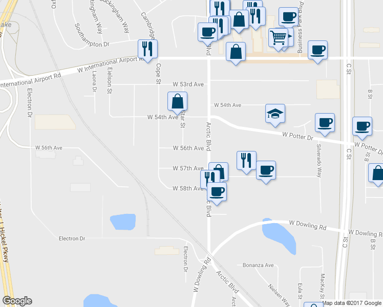 map of restaurants, bars, coffee shops, grocery stores, and more near 828 West 56th Avenue in Anchorage