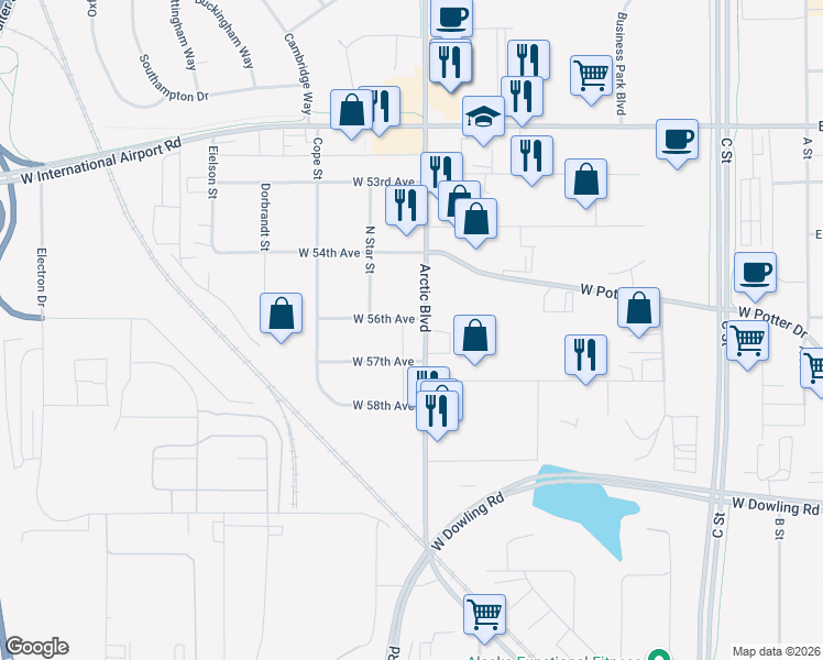 map of restaurants, bars, coffee shops, grocery stores, and more near 800 West 56th Avenue in Anchorage