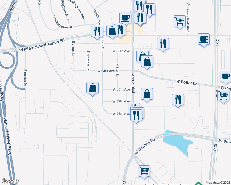 map of restaurants, bars, coffee shops, grocery stores, and more near 900 West 56th Avenue in Anchorage