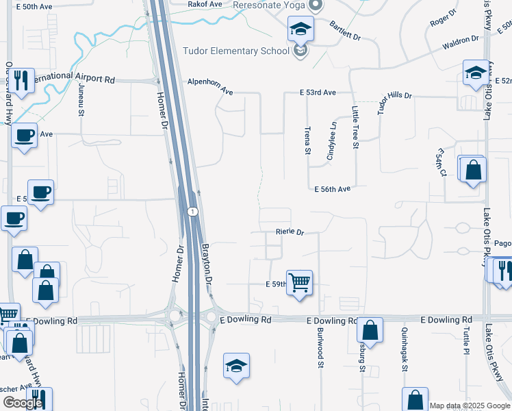 map of restaurants, bars, coffee shops, grocery stores, and more near 1625 Mountainman Loop in Anchorage