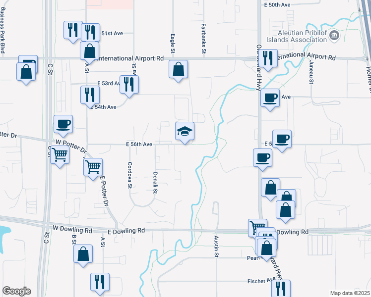 map of restaurants, bars, coffee shops, grocery stores, and more near 450 East 56th Avenue in Anchorage