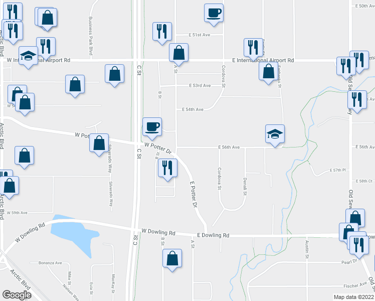map of restaurants, bars, coffee shops, grocery stores, and more near 111 East 56th Avenue in Anchorage
