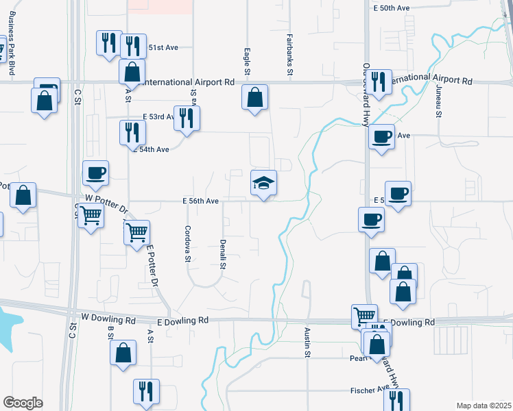 map of restaurants, bars, coffee shops, grocery stores, and more near 381 East 56th Avenue in Anchorage
