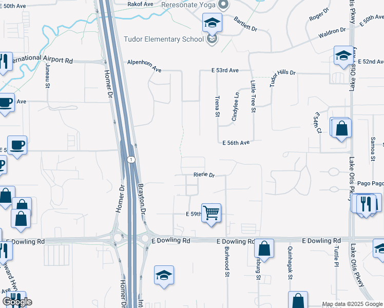 map of restaurants, bars, coffee shops, grocery stores, and more near 1643 Mountainman Loop in Anchorage
