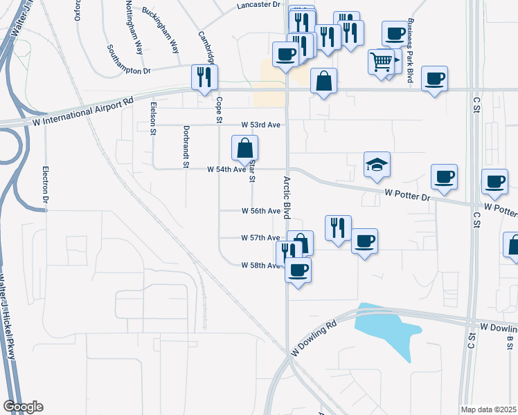map of restaurants, bars, coffee shops, grocery stores, and more near 828 West 56th Avenue in Anchorage