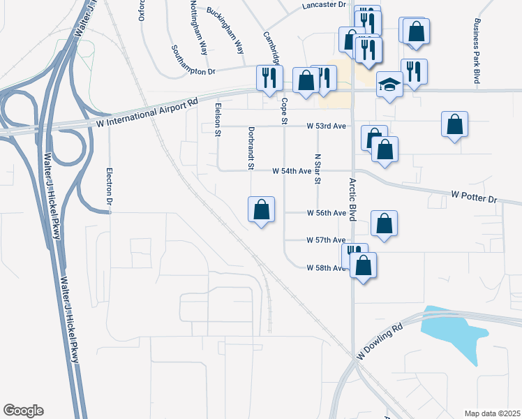 map of restaurants, bars, coffee shops, grocery stores, and more near 5537 Dorbrandt Street in Anchorage