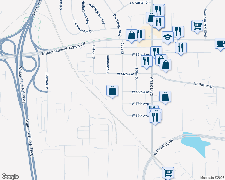 map of restaurants, bars, coffee shops, grocery stores, and more near 5537 Dorbrandt Street in Anchorage